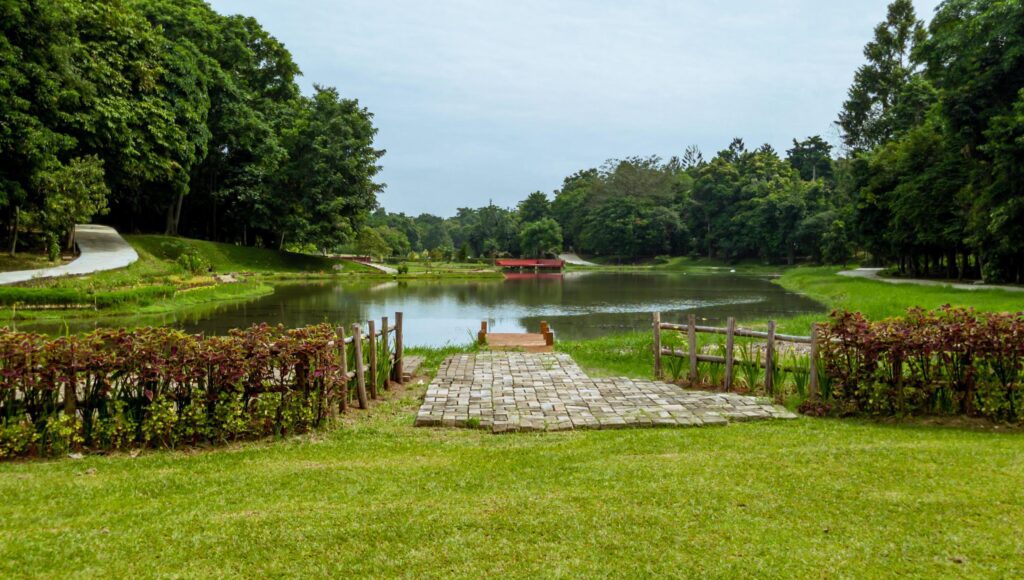 beautiful natural lanscape scenery, lake with wooden bridge, nature wallpaper, landscape background Stock Free