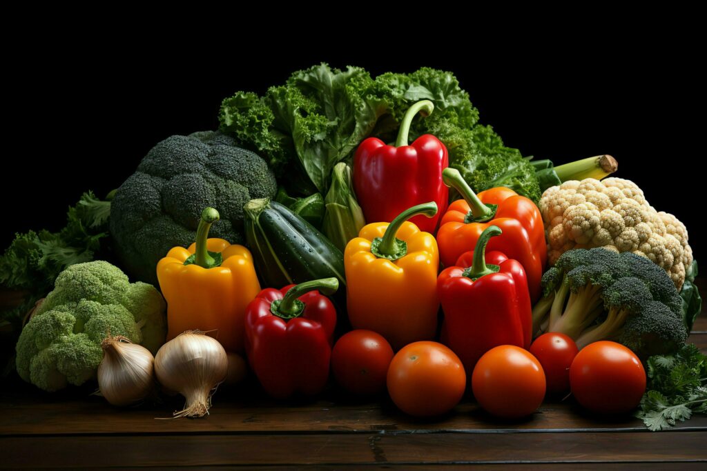 Collection mix fresh vegetables and fruits for a salad. Healthy diet concept and vegetables food by AI Generated Stock Free