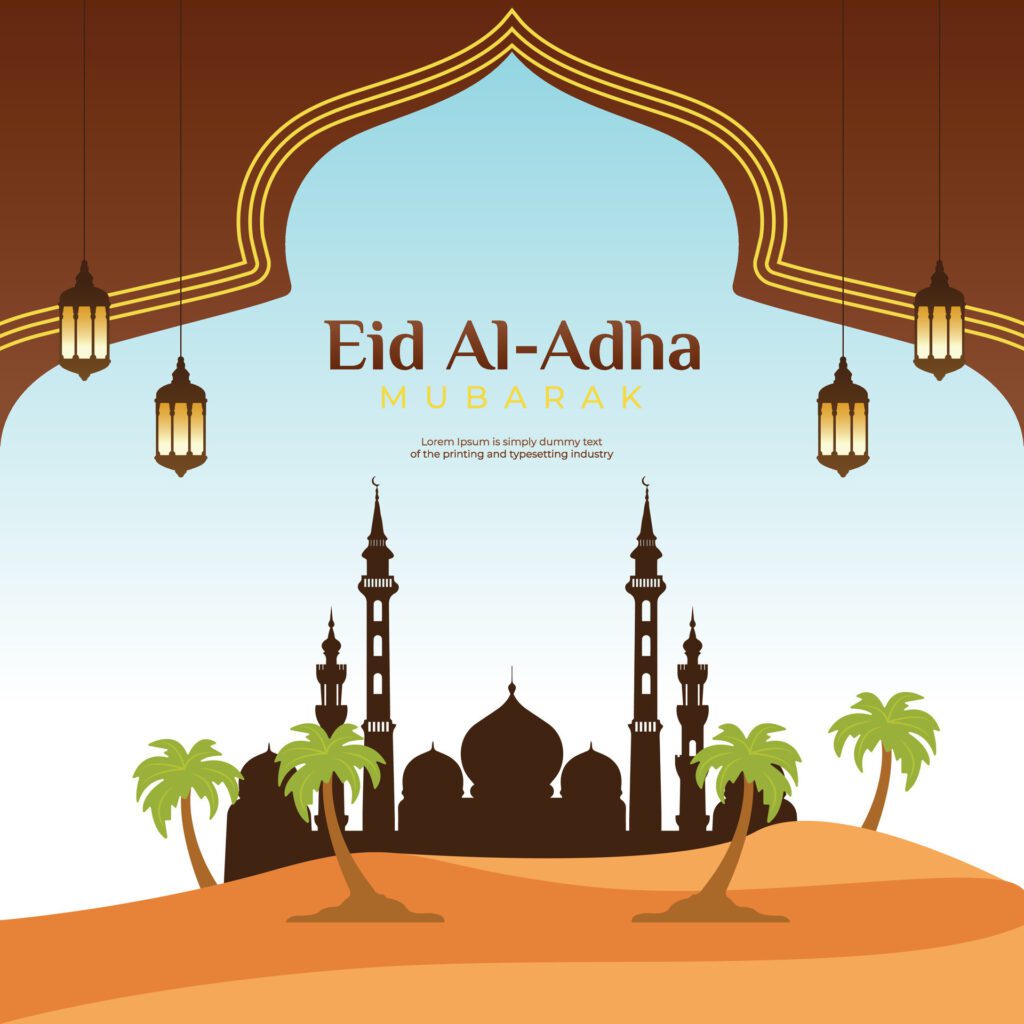 Eid Al Adha Mubarak Islamic festival Background Design Template with desert theme Free Vector