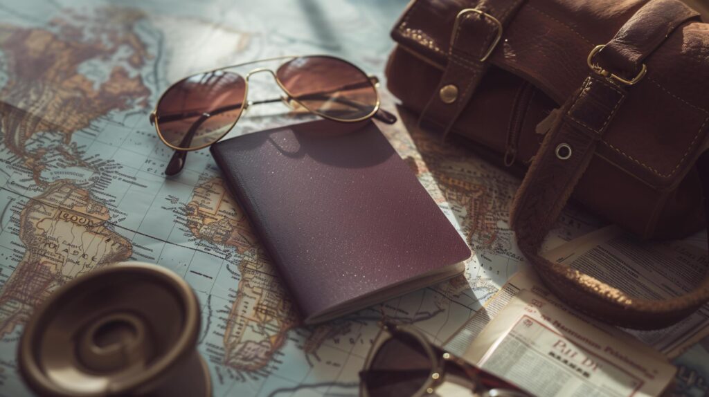 A neatly arranged composition of travel essentials, including an empty covered passport, sunglasses, and a map Stock Free