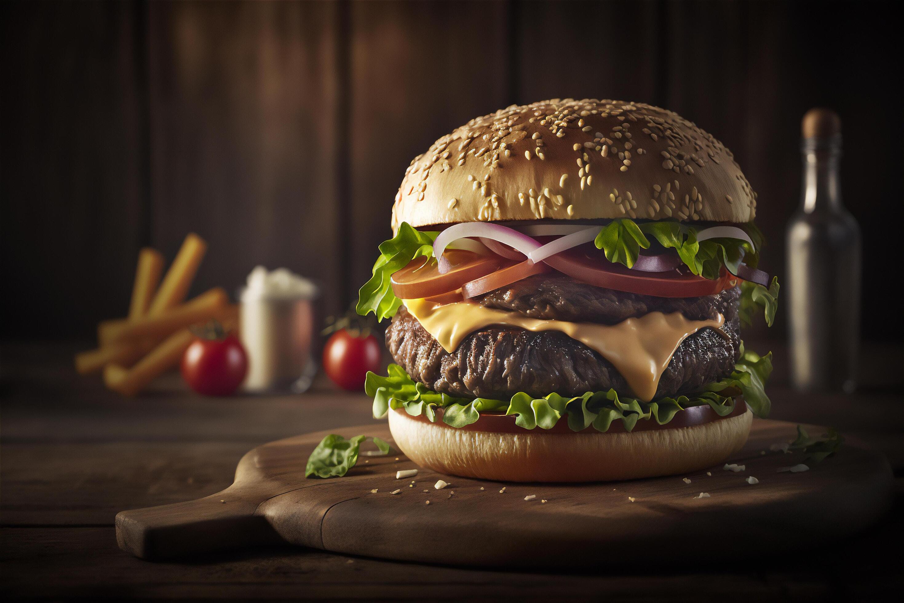 Tasty homemade hamburger on rustic wooden table. Copy space. Advertising. . Fast food snack Stock Free