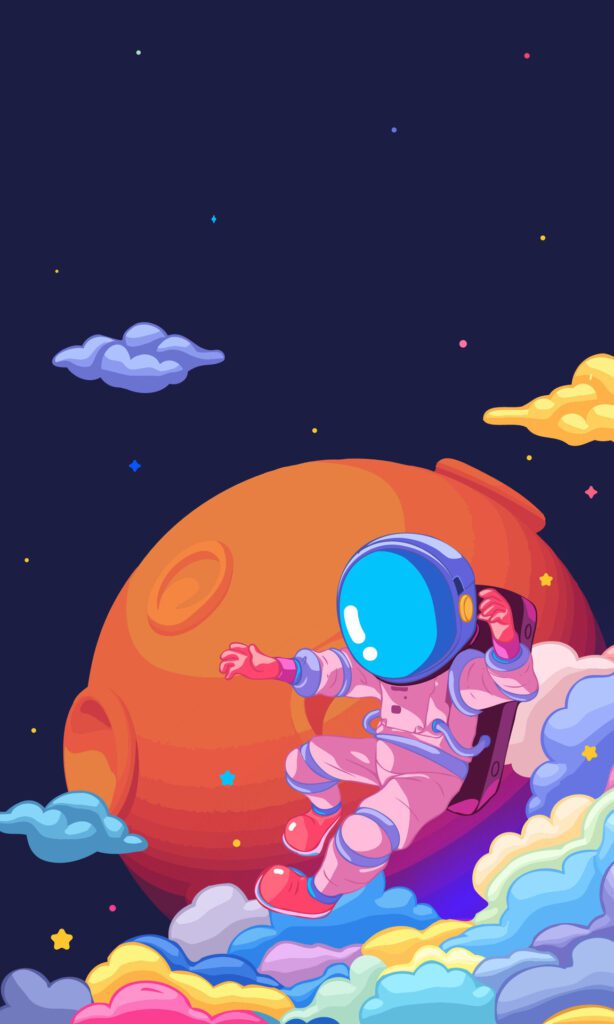 Vertical illustration of astronauts exploring space with stars and planets in the background Free Vector