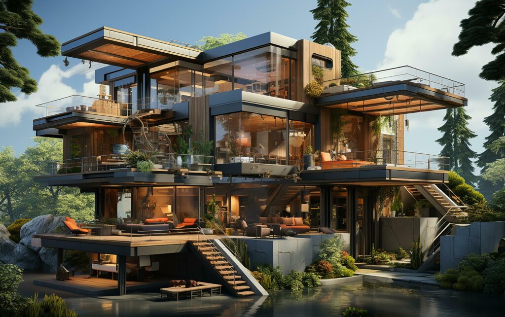 unique industrial architecture house in daylight, photo-realistic AI generative Stock Free