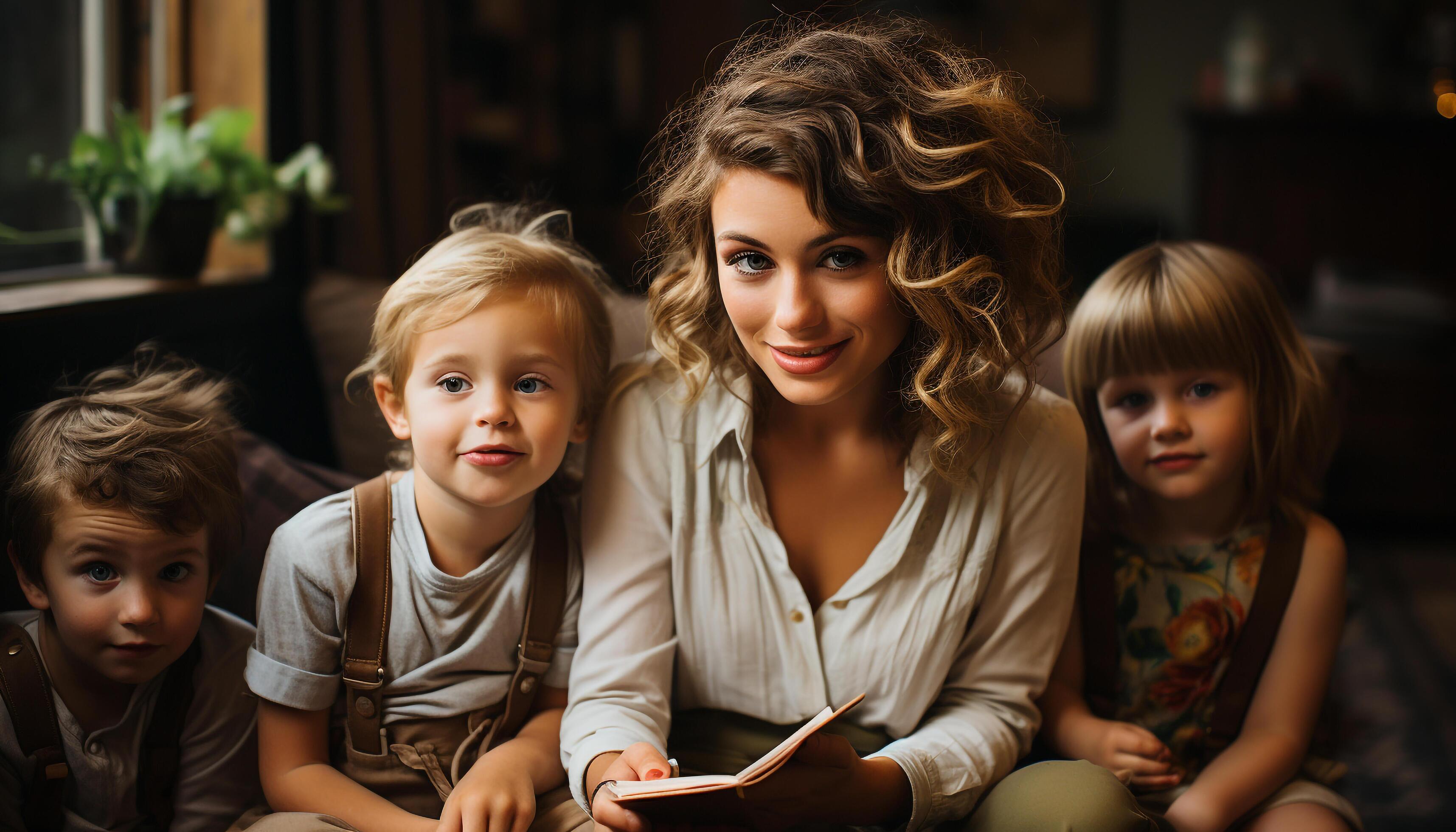 AI generated A happy family of six, smiling and reading together generated by AI Stock Free