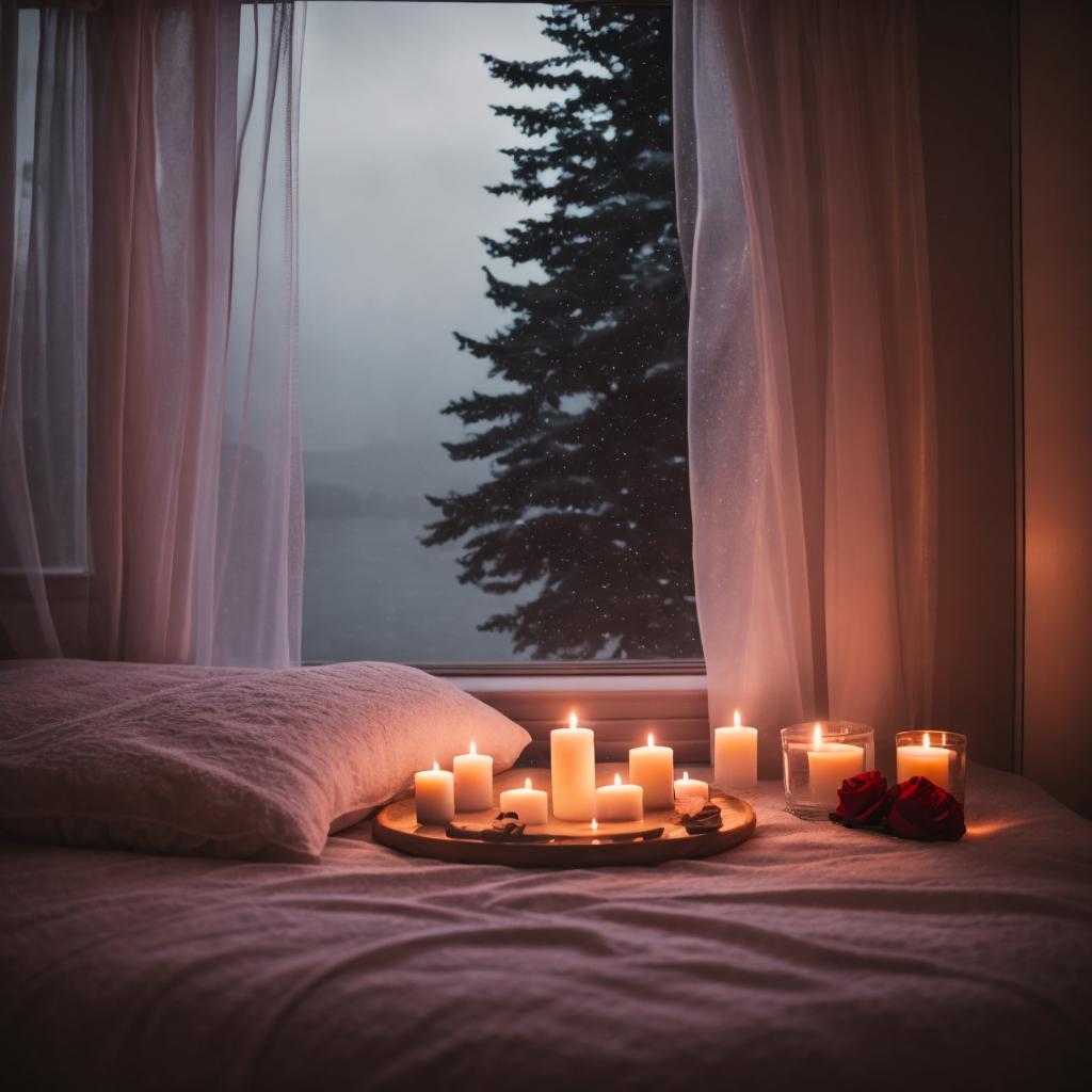 Romantic bedroom, night, candles, by @ai_generated