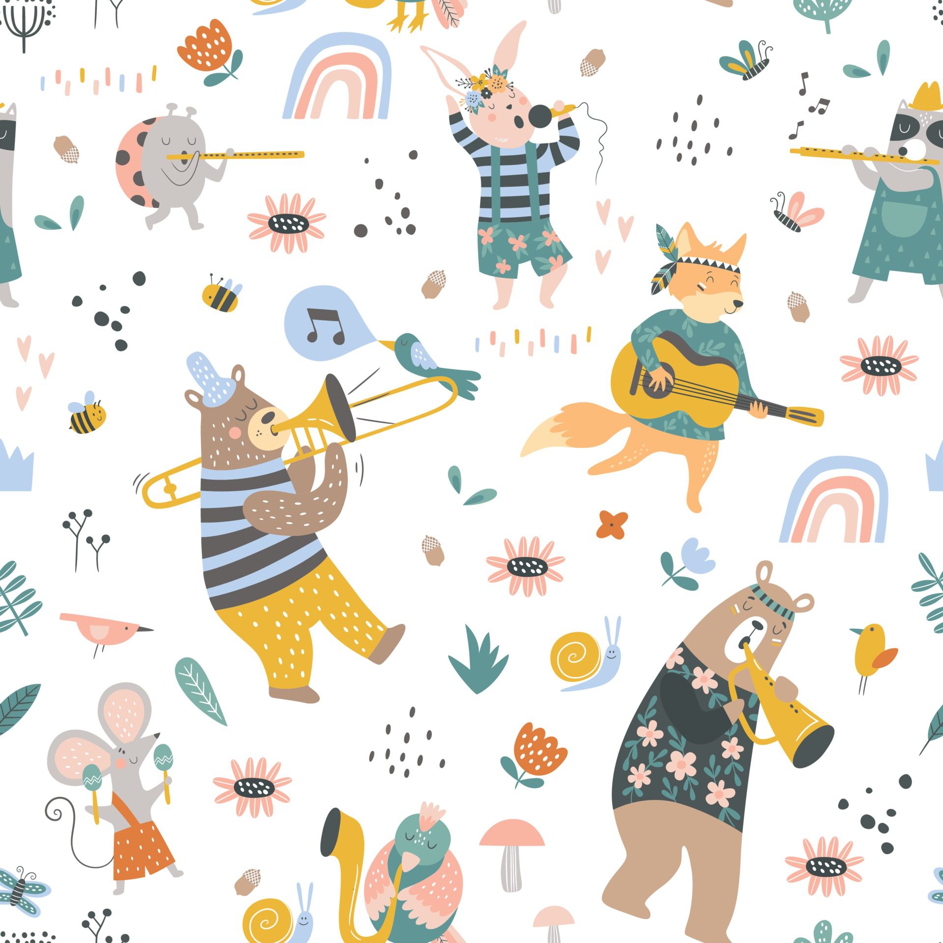 Vector pattern with cute animals playing on different instrument Free Vector