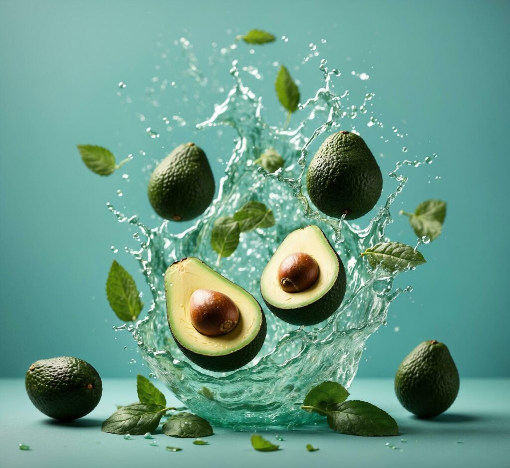 Avocado in water splashes on a blue background. Creative food concept. Free Photo