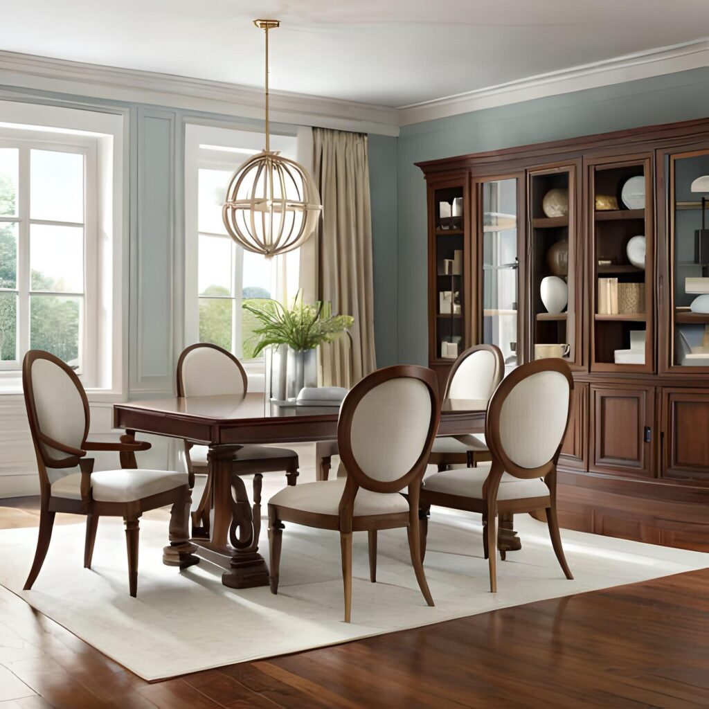 wooden table chairs in a luxurious and classic dining area. . Stock Free