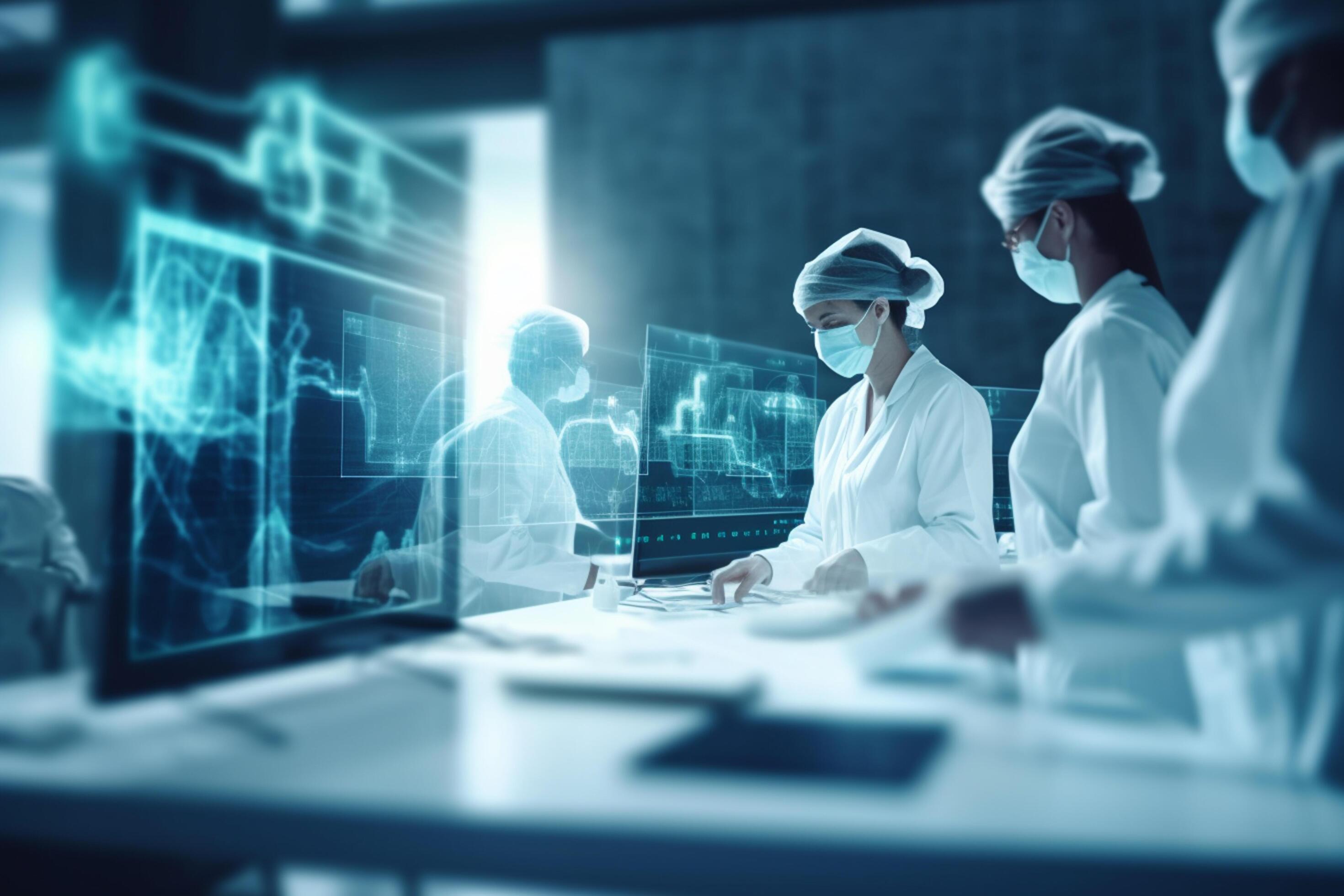 Medical team with surgical masks working in a high-tech laboratory Stock Free