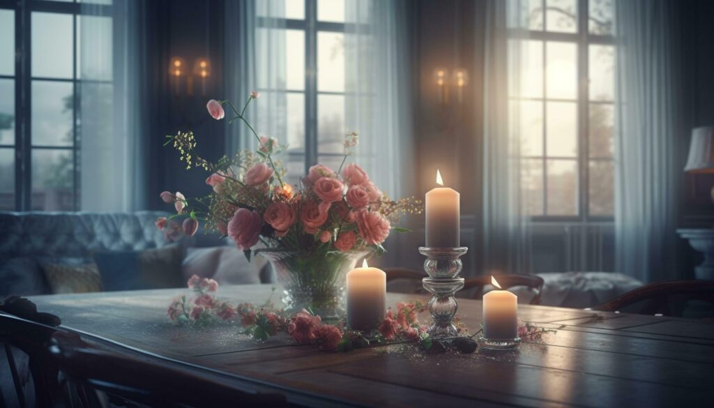 Candlelight illuminates comfortable living room with natural winter background generated by AI Stock Free