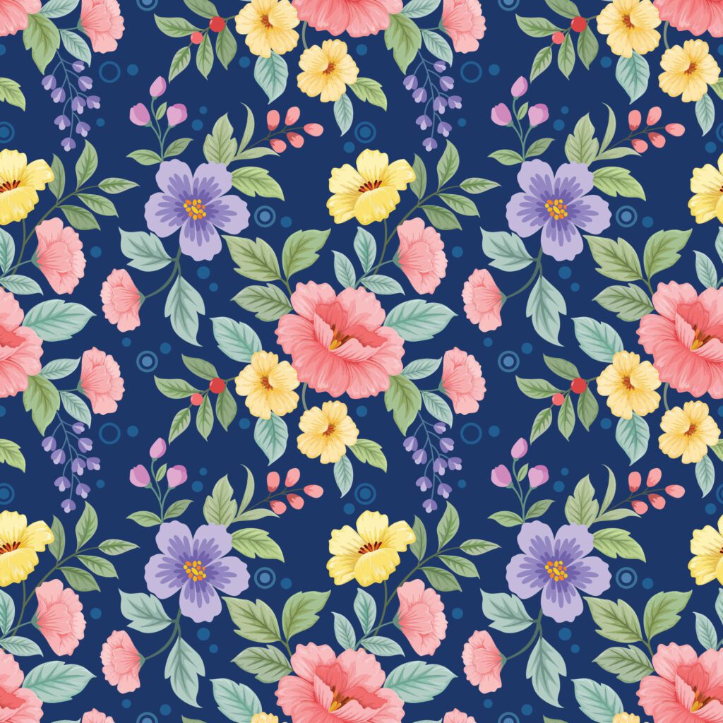 Beautiful blooming flowers on blue color background seamless pattern. Free Vector