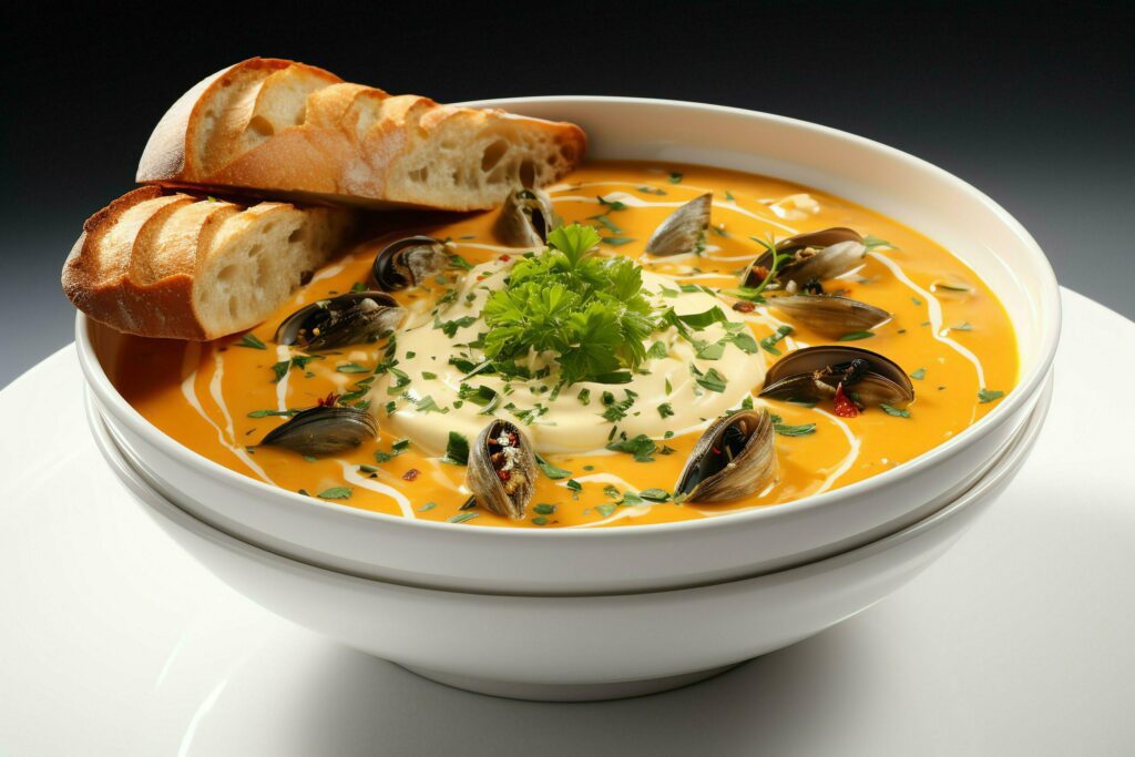 A delicious bouillabaisse soup food in a bowl. Marseille food and healthy protein soup meal concept by AI Generated Stock Free