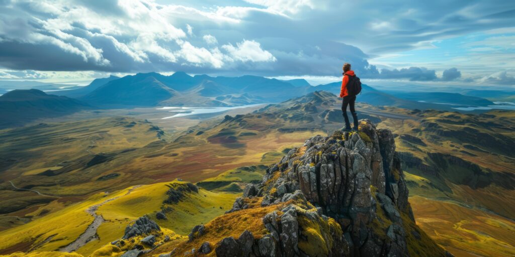 AI generated Travel Adventures Exciting image of a person exploring a breathtaking mountain landscape, inspiring wanderlust Stock Free