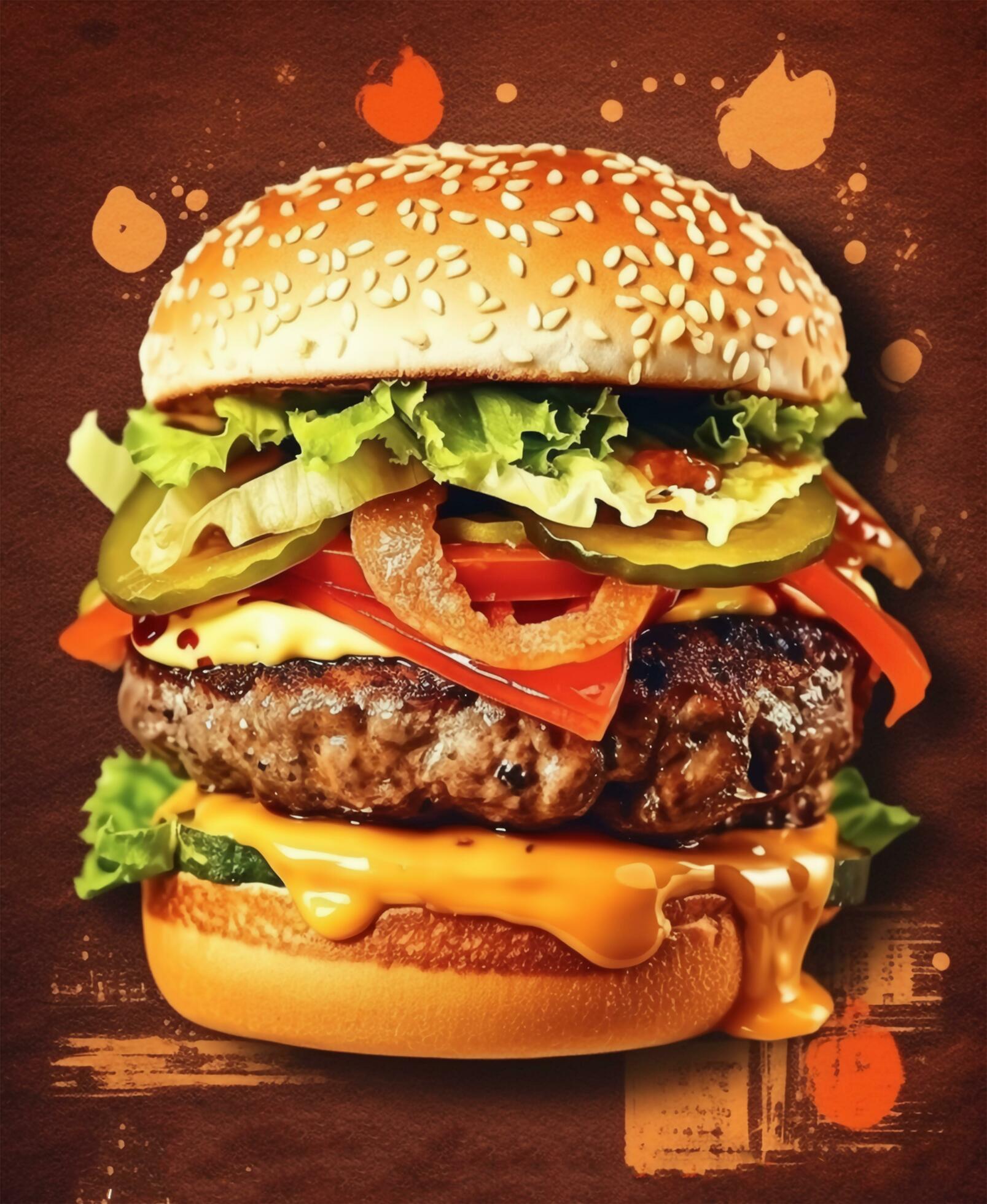 Fast food burger poster, burger design service promotion template. Burger flyer for restaurant menu, cafe, etc. Generative Ai. Stock Free