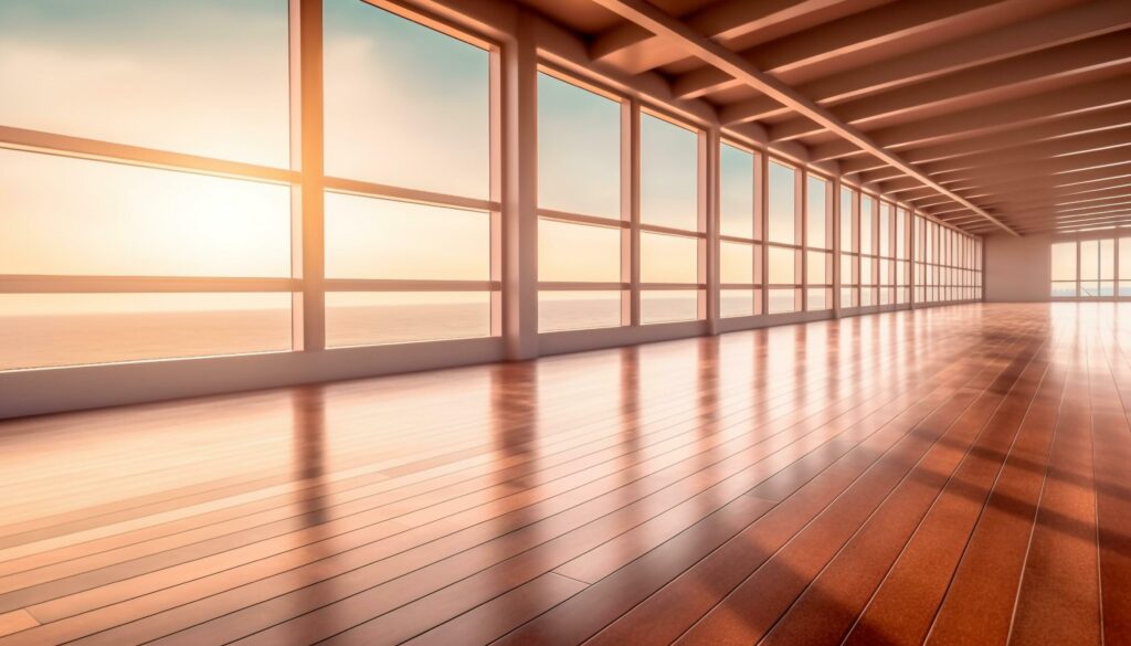 Futuristic architecture empty domestic room with striped flooring and sunlight generated by AI Stock Free