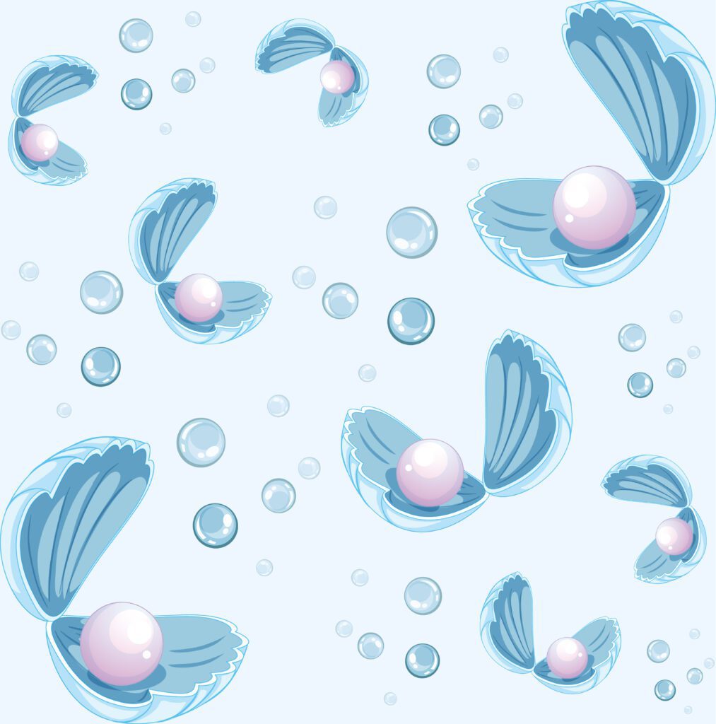 Beautiful pearls inside shells seamless pattern background Free Vector