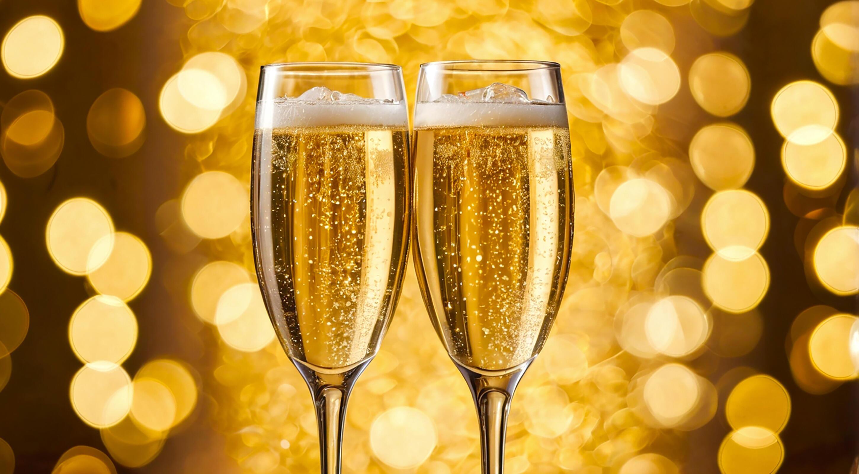 Close up shot of two champagne in glasses for festive with gold sparkle and bokeh light background. Celebrate event scene. Stock Free