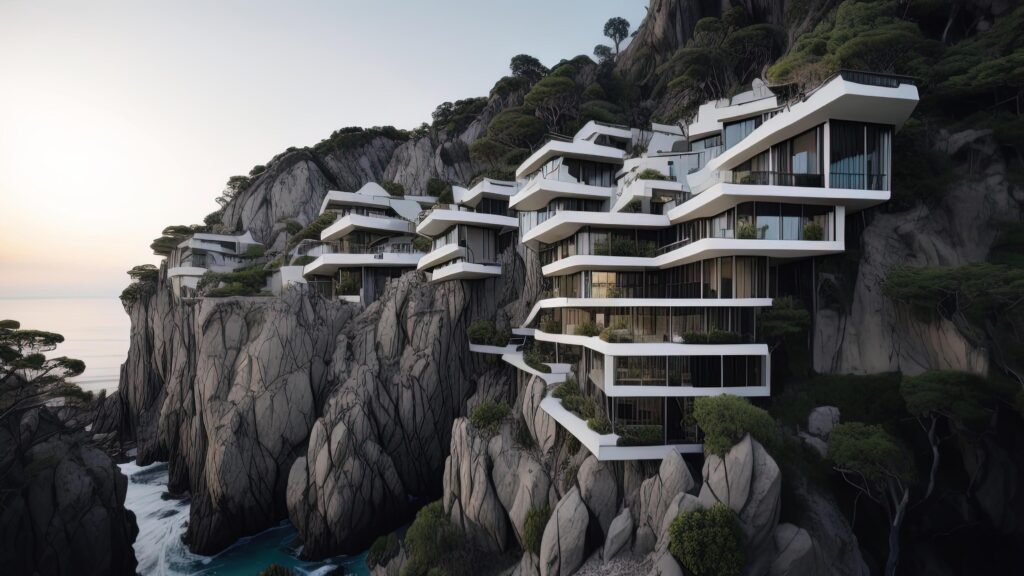 Panorama of modern villas on the cliff at sunset, Stock Free