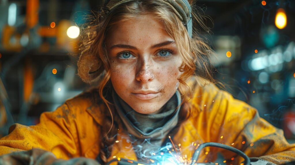 Industrial engineer Caucasian woman in yellow uniform works as a welder in workshop operating welding machine in factory. AI-generated Free Photo