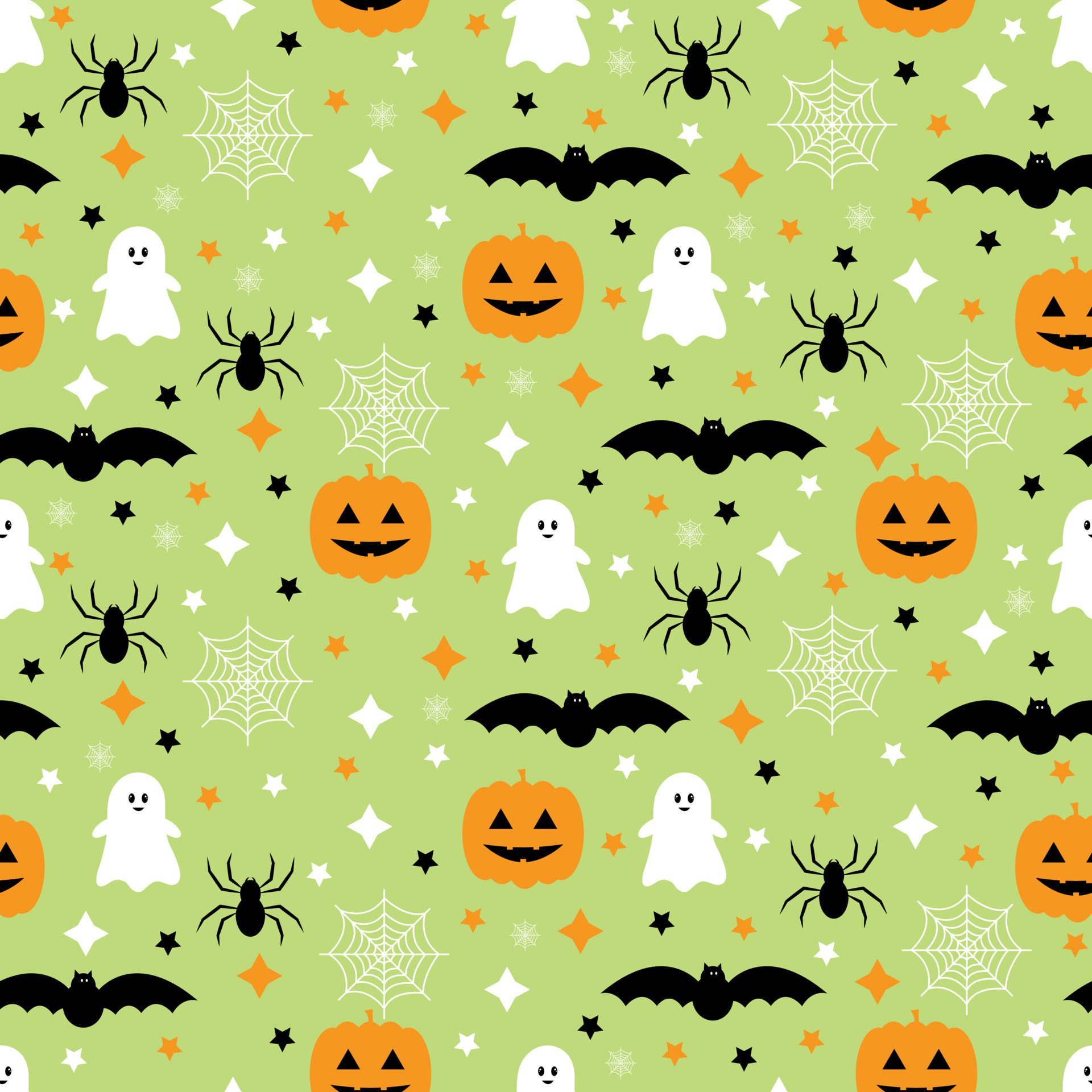 Seamless pattern with pumpkins, bats, spider, ghost. Halloween background. Vector illustration. Free Vector