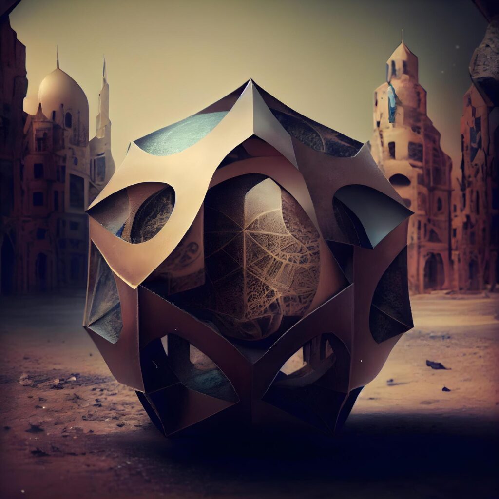 3D rendering of an abstract sphere in front of a mosque., Image Stock Free