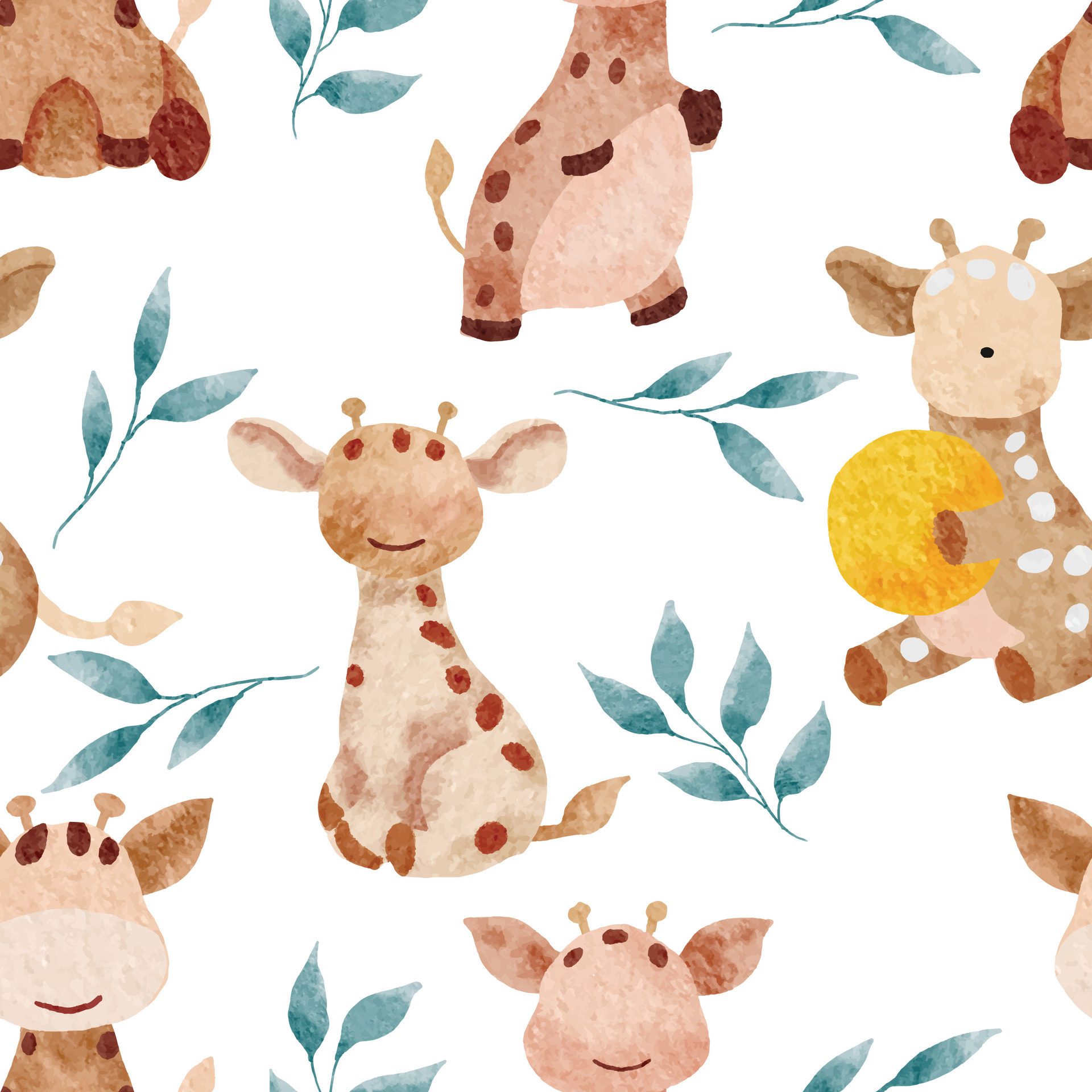 Cute Watercolor Giraffe Illustration Seamless Pattern Free Vector