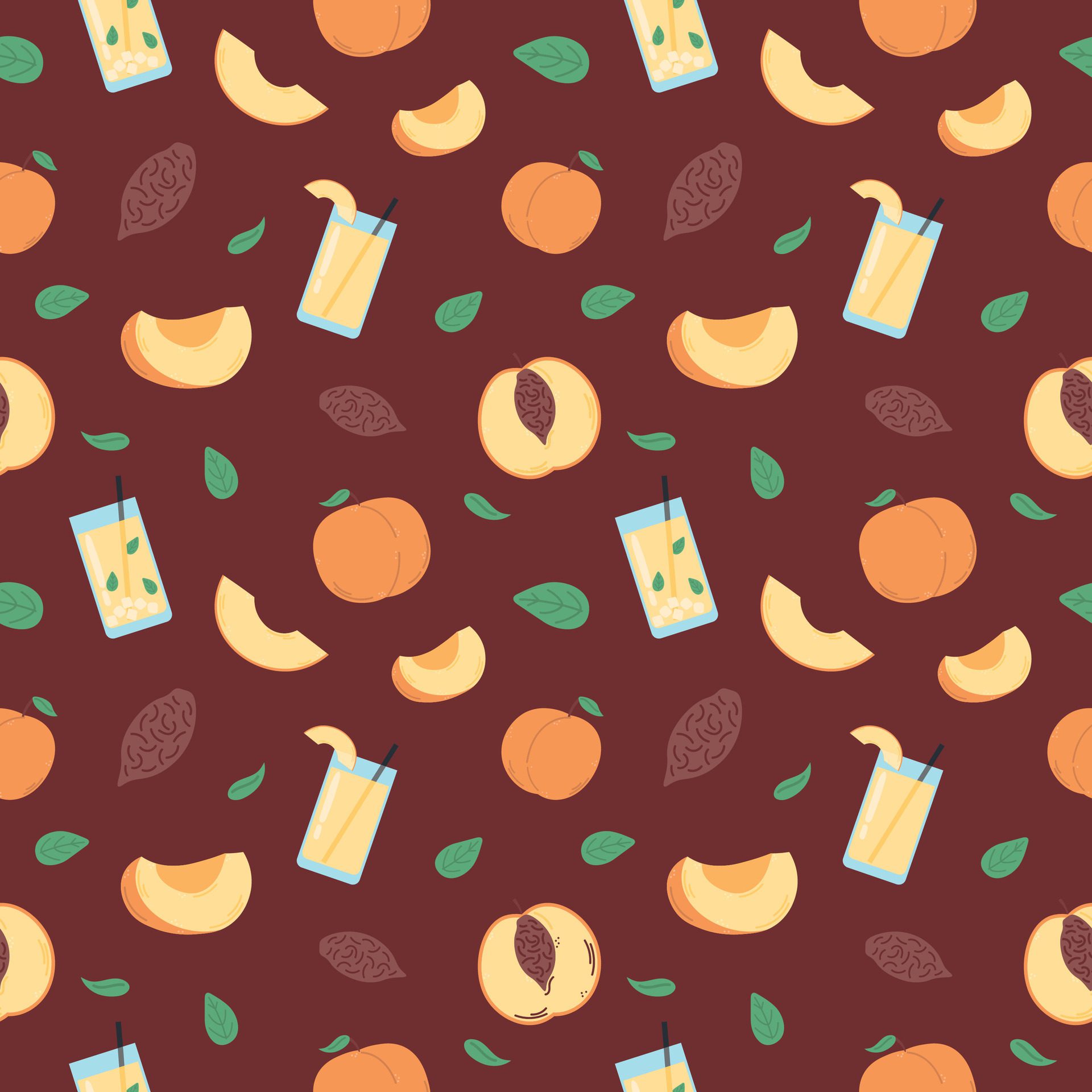 Peach Seamless Pattern, Peach slice, juice, smoothie Free Vector