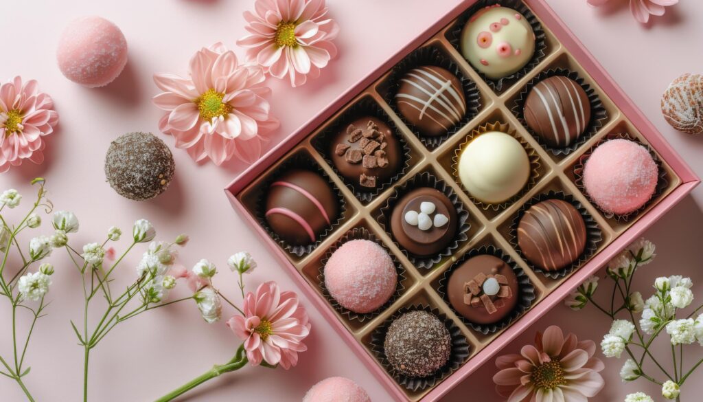 Pink and Brown Chocolate Truffles in a Box With Flowers on Pink Background Stock Free