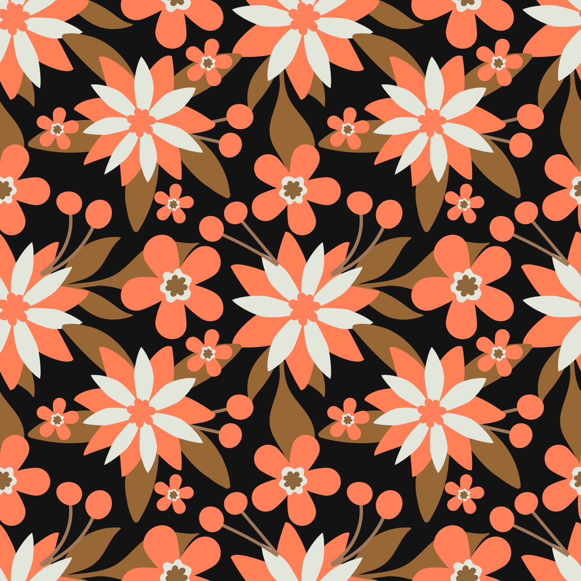 Seamless Pattern Flower and Leaves Hand Drawn Vector Graphics on Black Background Free Vector