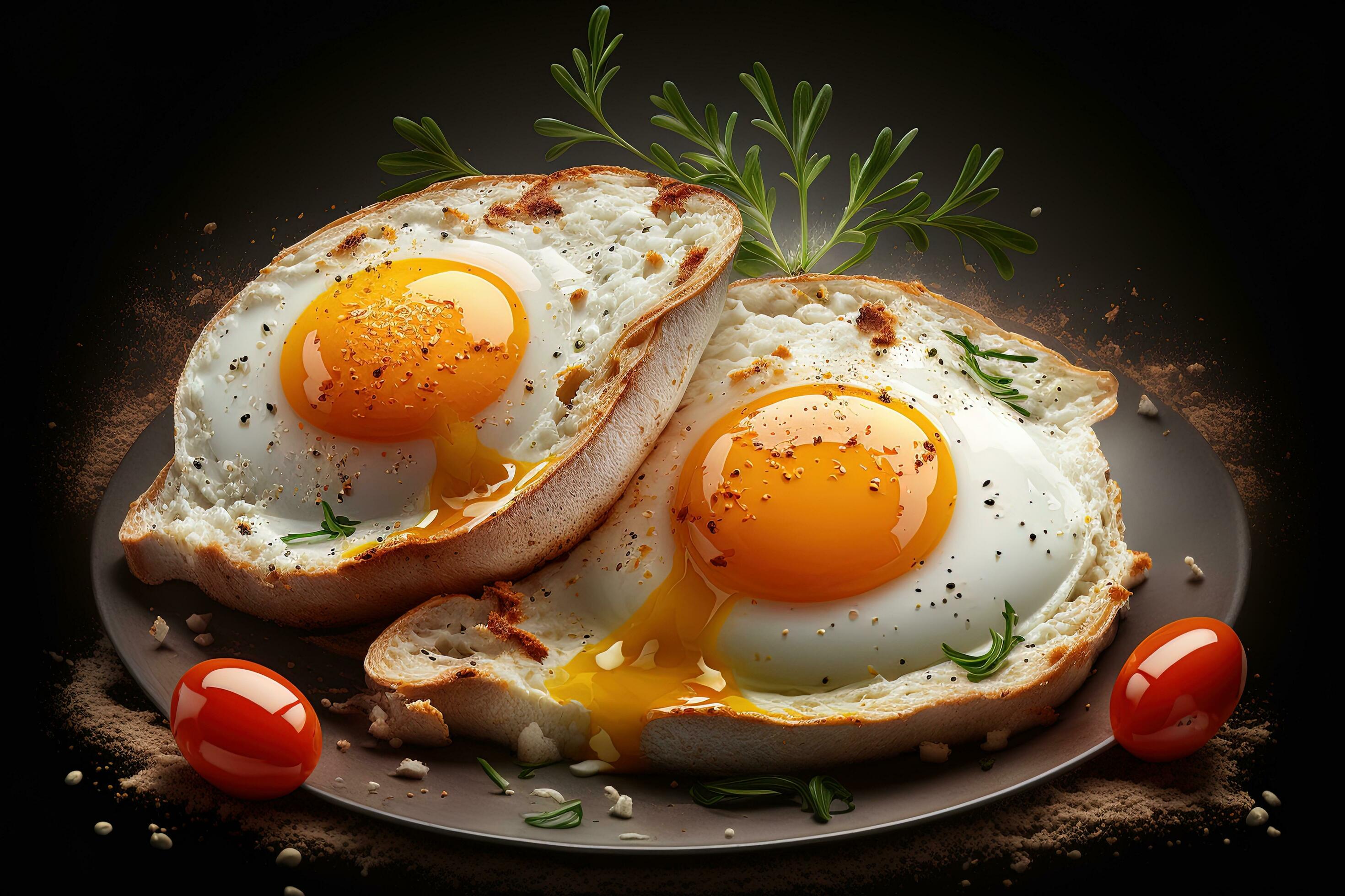 Half-cooked sunny-side up eggs, food background, generated by artificial intelligence Stock Free