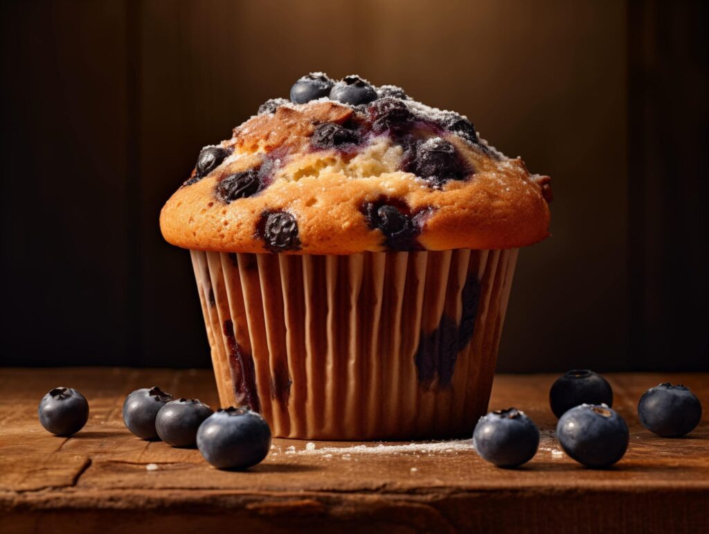 Blueberry muffin with fresh berries on wooden table over dark background Free Photo