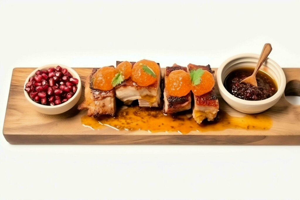 Pork belly braaivleis with mango and chili sauce served on a wooden plank. Restaurant food concept by AI Generated Stock Free