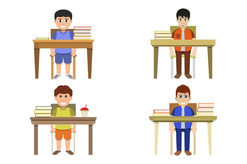 Student boy in school desk on white background Free Vector