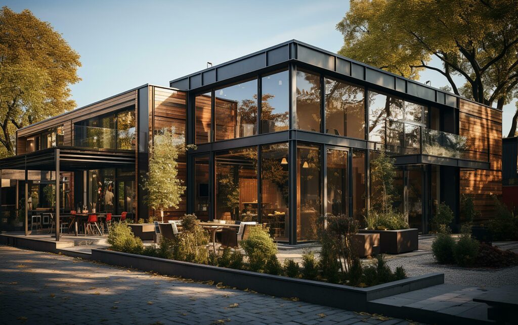 unique industrial architecture house in daylight, photo-realistic AI generative Stock Free