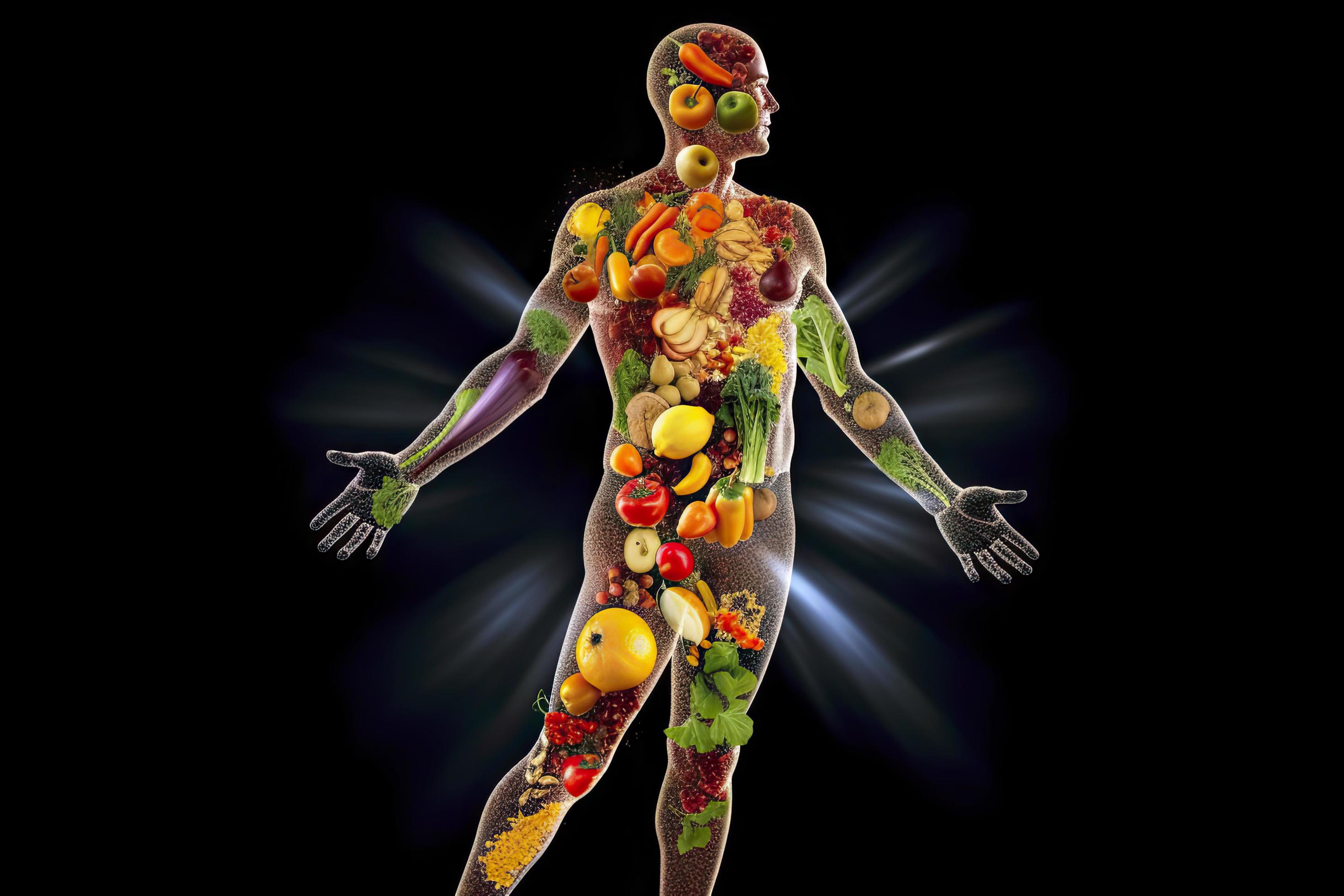 outline of a human with bolts of energy running through the body, the body is surrounded by fruit Stock Free