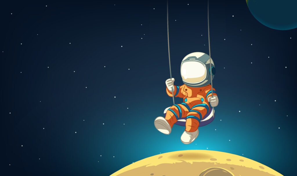 Horizontal illustration of astronauts swinging in space with stars and planets in the background Free Vector