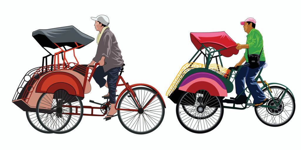 Two rickshaw becak yogyakarta vector with isolated white background. Free Vector