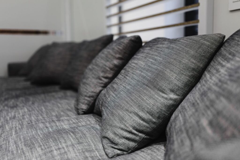 Beds with pillows on a designer exhibition Stock Free