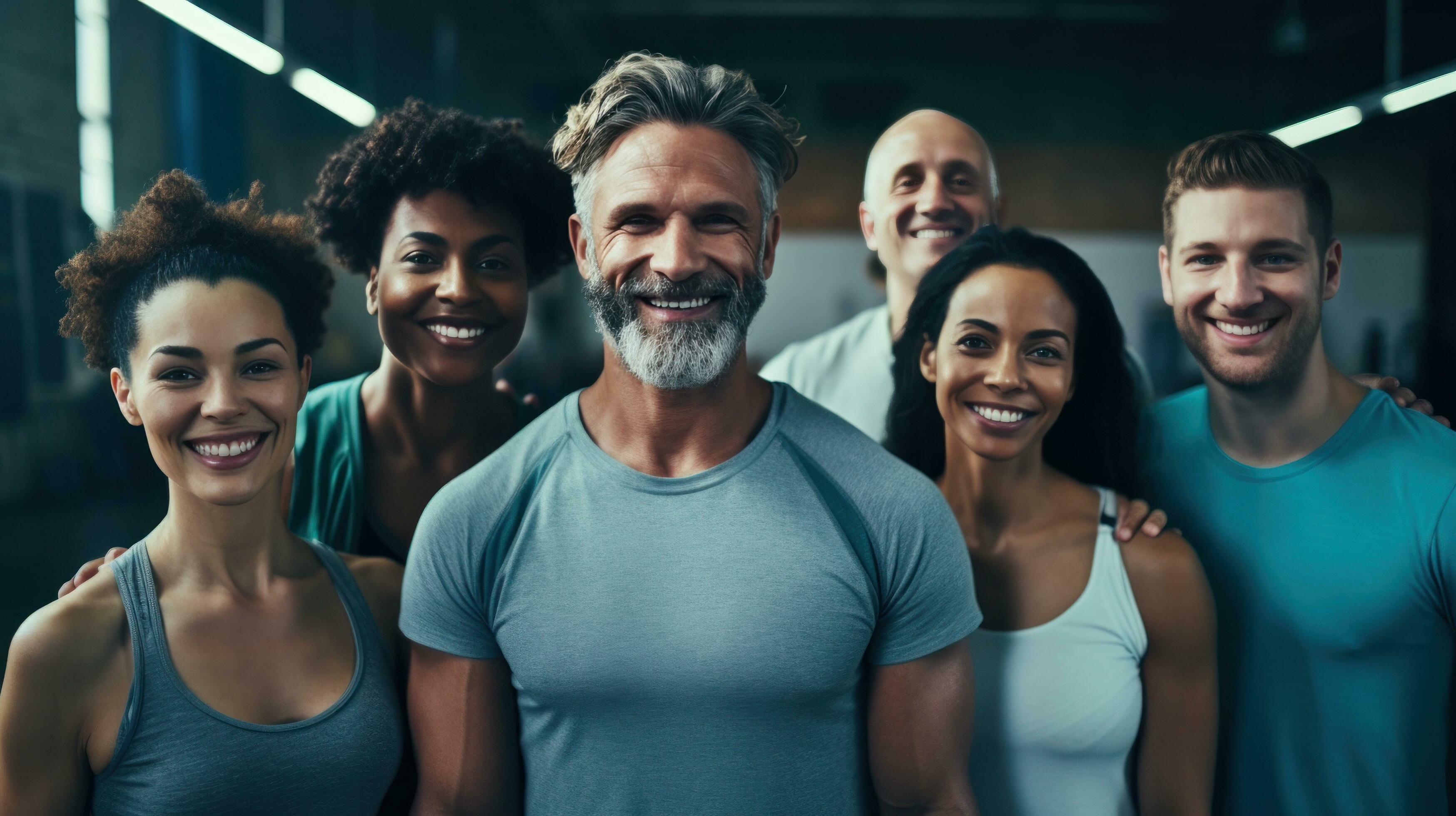 A group of happy people posing in a gym Stock Free