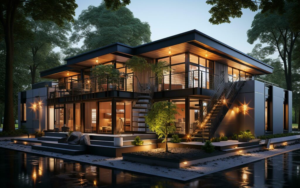 unique industrial architecture house in daylight, photo-realistic AI generative Stock Free