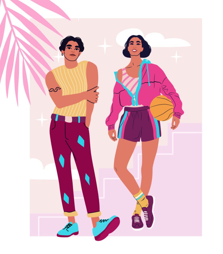 Young funky couple standing in trendy colourful clothes. Sporty tall girl with a ball and athletic boy on an abstract background. Free Vector