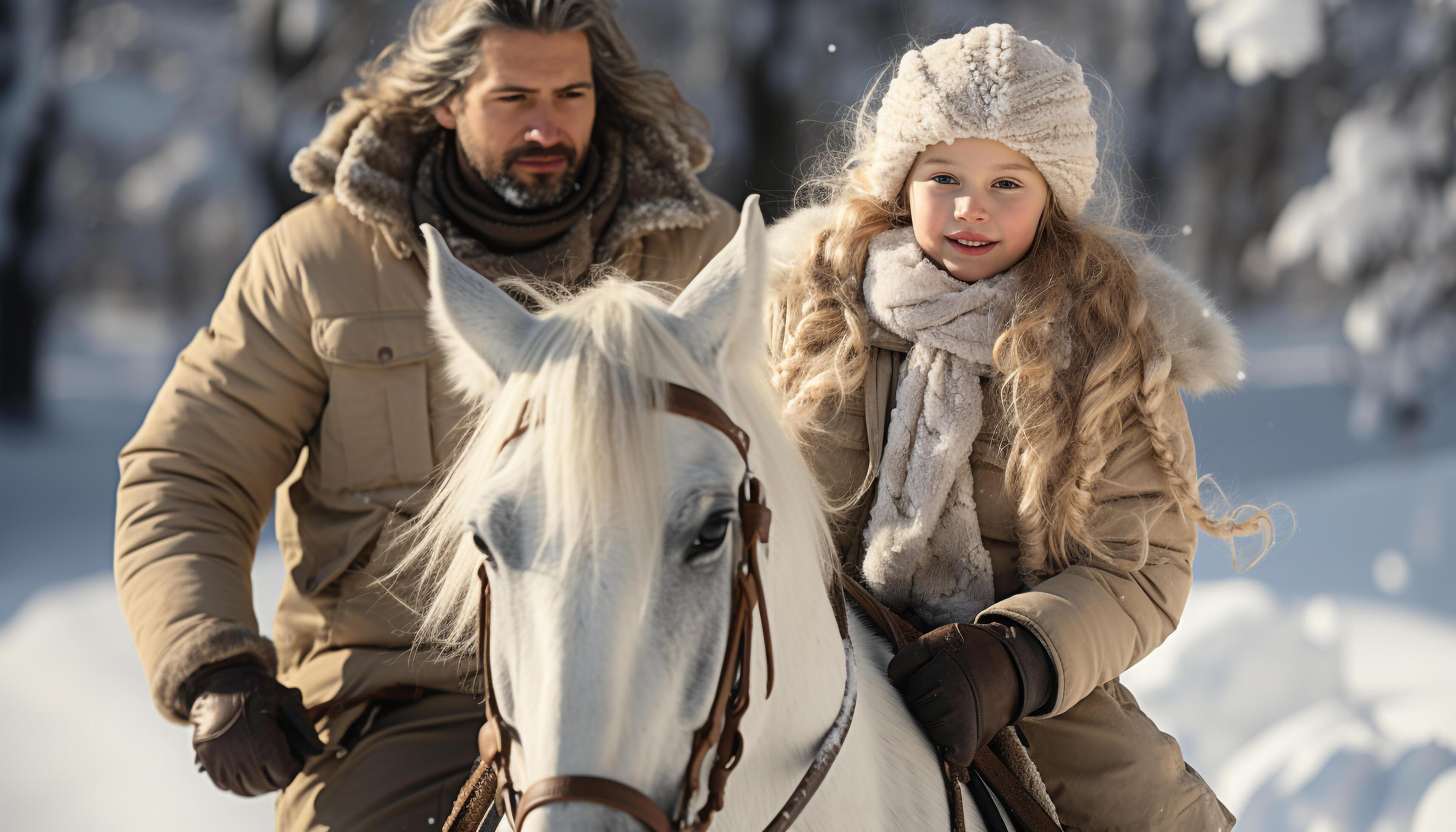 AI generated Family riding horses in the snow, smiling and having fun generated by AI Stock Free