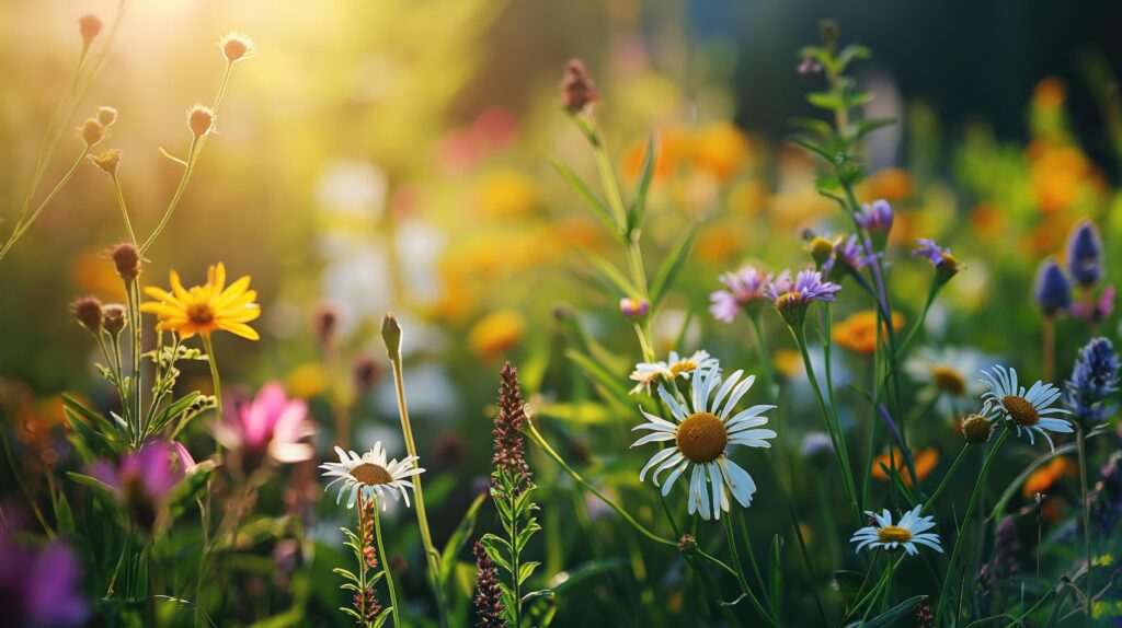 spring meadow with some colorful flowers and blurred background Stock Free