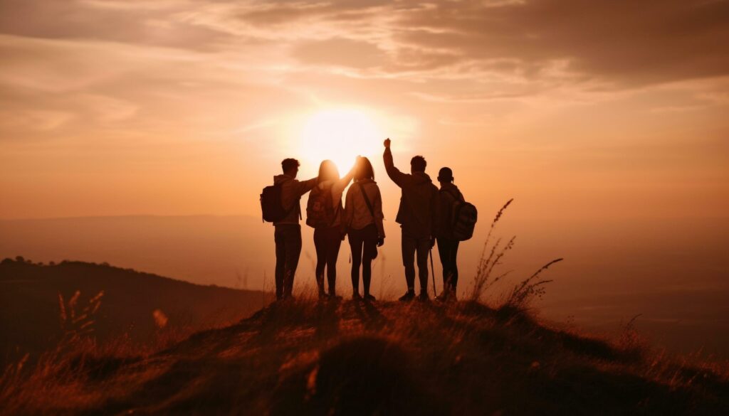 Group of people hiking mountain peak at sunset generated by AI Stock Free