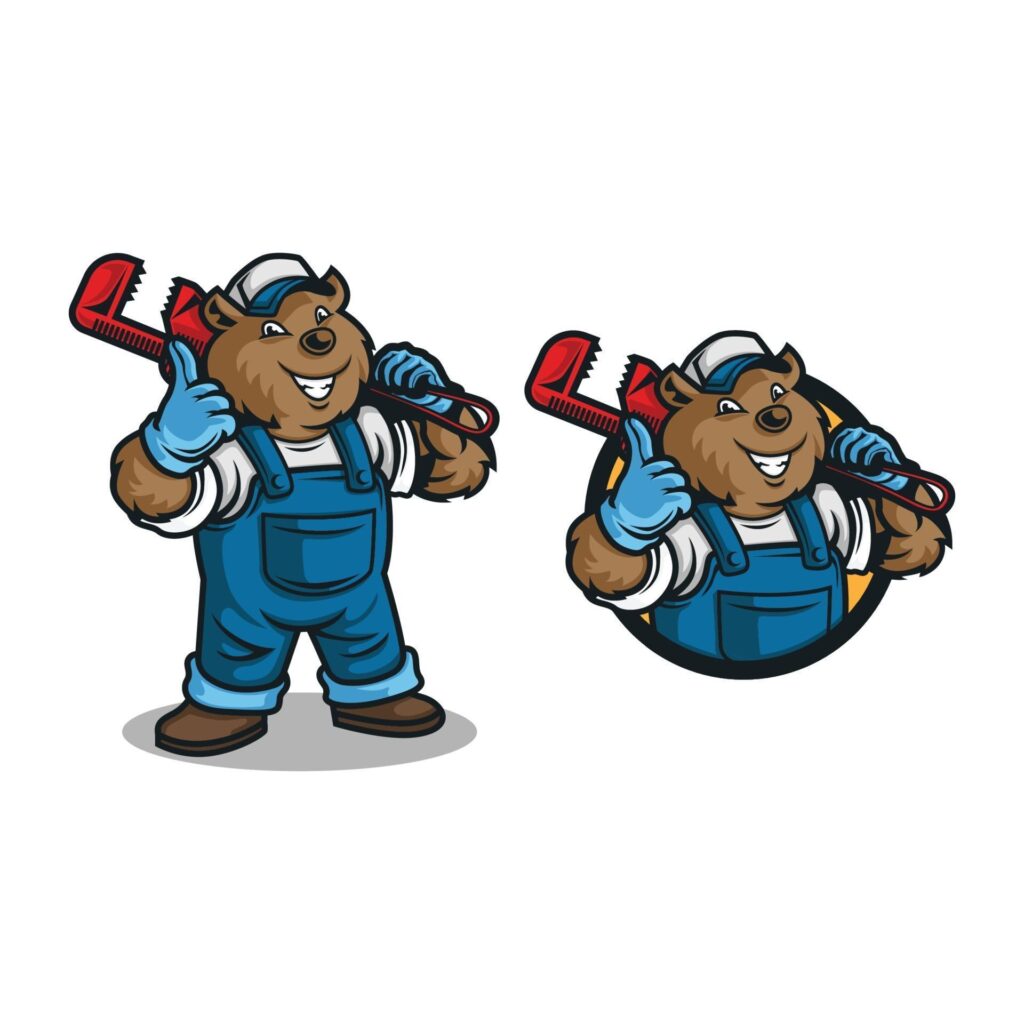 bear plumber logo mascot cartoon. vector illustration Stock Free