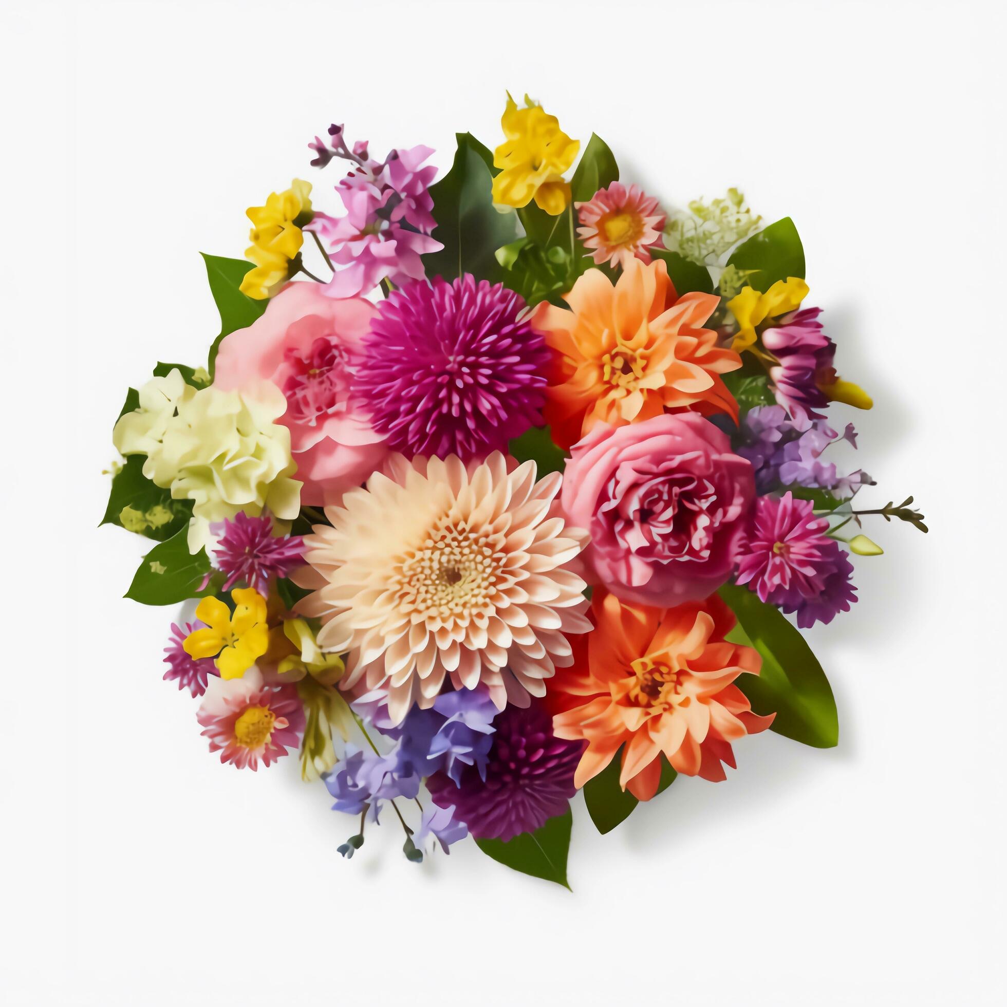 A top view of a bouquet of various colorful flowers. Isolated white background. AI Generated. Stock Free