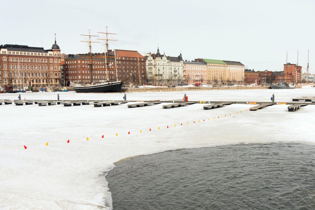 Helsinki harbourfront in winter. Buildings and ships Stock Free