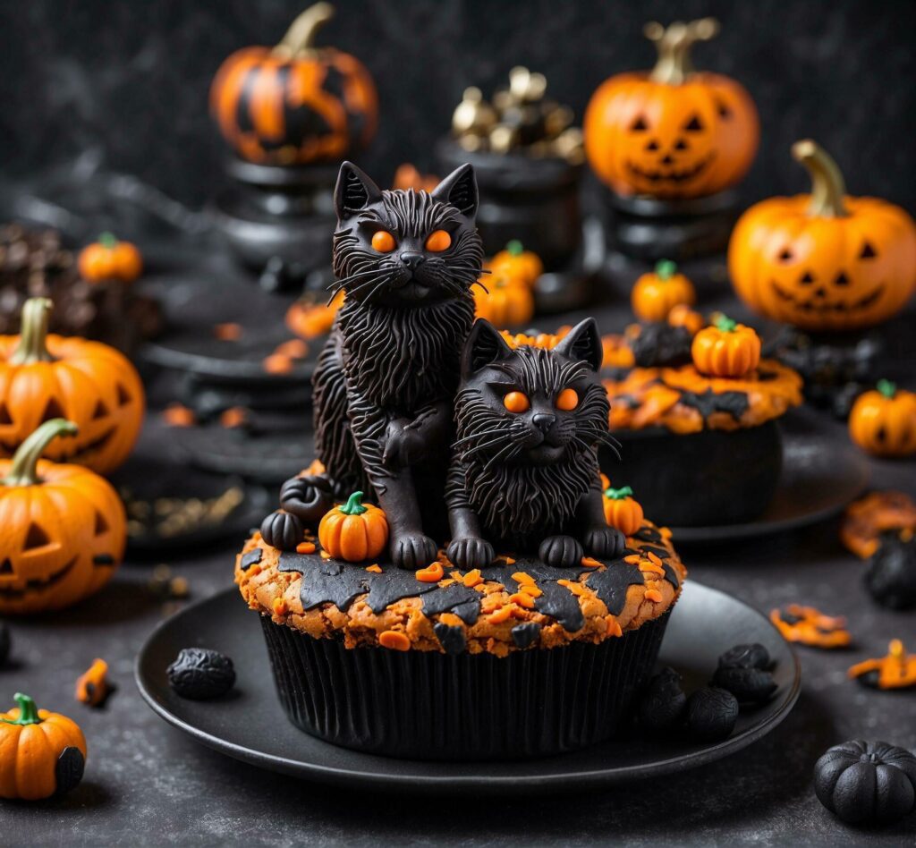 Halloween cupcakes with black cat and pumpkins on dark background Free Photo