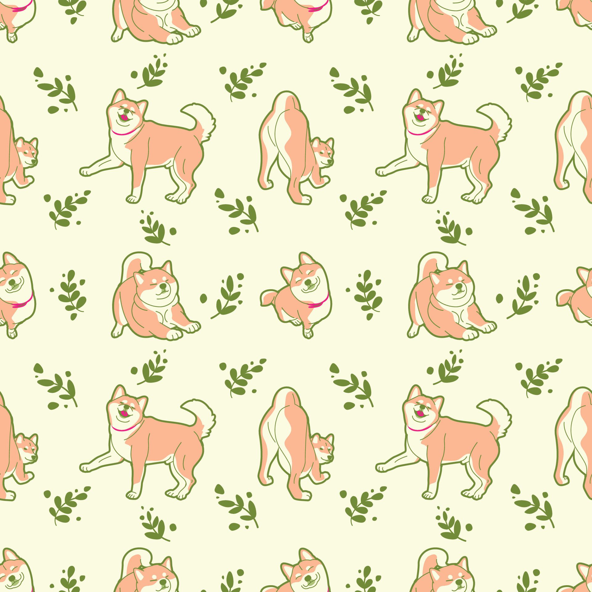 HAPPY SHIBA INU AND FLORAL SEAMLESS PATTERN Free Vector