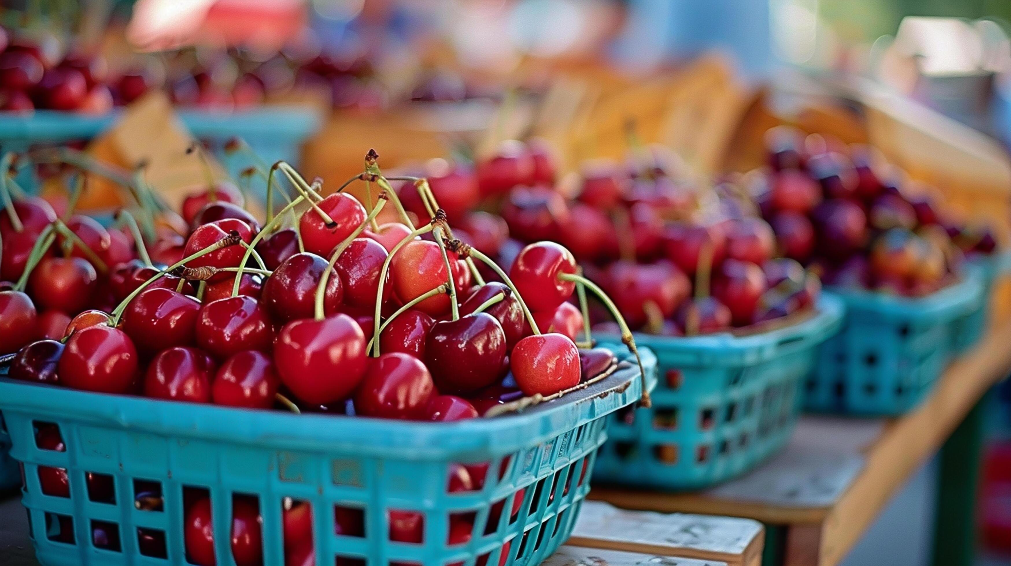 Cherry baskets at a farmer’s market, healthy lifestyle, suitable for food-related advertising and editorial use Stock Free